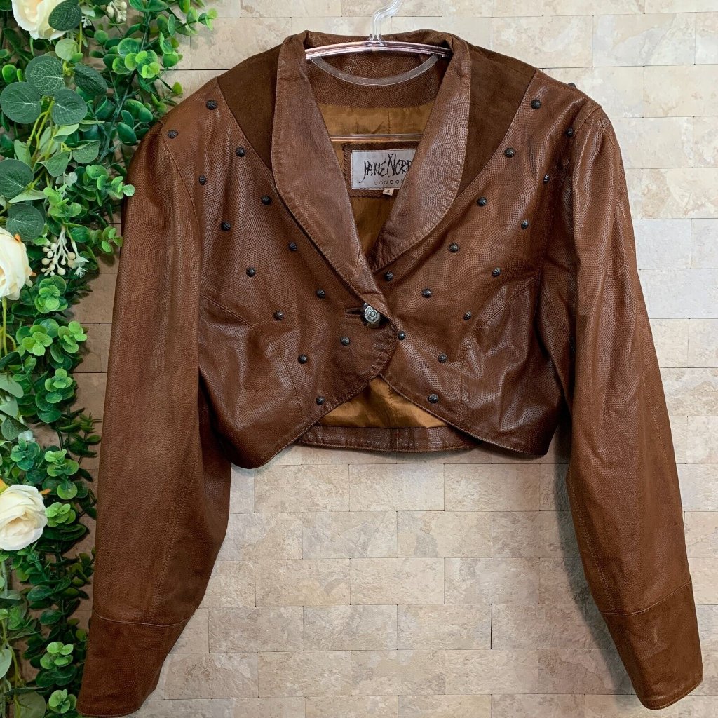 Jane Norris Vtg Cropped Studded Genuine Suede Leather Buttoned Bolero Jacket